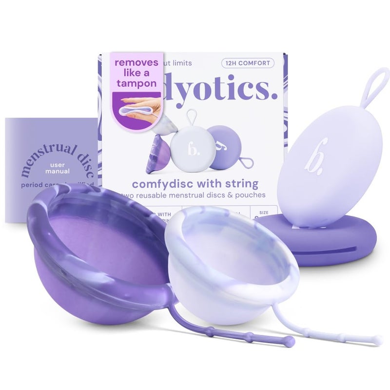 أقراص الحيض القابلة لإعادة الاستخدام Bodyotics Comfydisc 2X S L مع حبل سحب لسهولة الإدخال والإزالة حماية ضد التسرب لمدة 12 ساعة سيليكون آمن للجسم تشمل حقائب حمل